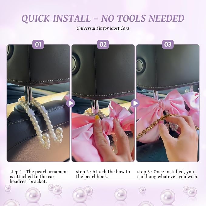 2 PCS Bow Pearl Car Seat Headrest Hook – Cute Purse Hook for Car, Girly Interior Decoration Accessories Hook Hanger, Seatback Holder for Purses & Bags, Elegant Car Organizer (Lavender Purple)