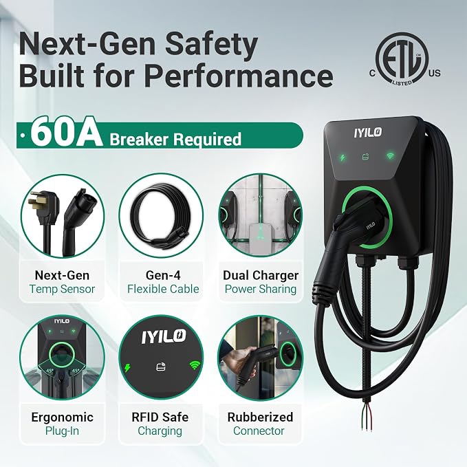 Level 2 EV Charger, 48Amp/11.5KW, J1772 Wall Electric Car Charger with Dual Temp Sensors(Exclusive), Wi-Fi(2.4 GHz), RFID, Smart App-Scheduled Charging, Hardwired, 240V, UL, ETL & Energy Star