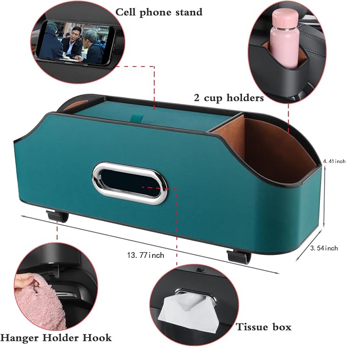 Car Back Seat Organizer with 2 Drink Cup Holder - Tissue Box and Storage Box Hook - Multi-functional Storage - Great for Kids and Travel (Blue)