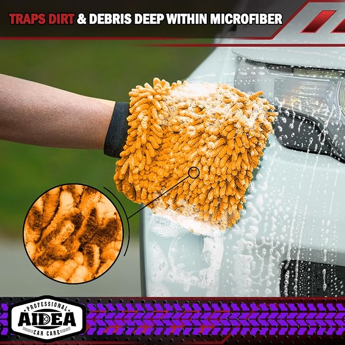 AIDEA Car Wash Mitt Microfiber, 2PK, Car Wash Brush, 7.12' X10.14'' | Scratch Free Lint-Free, Premium Chenille Microfiber Mitt, Cleaning Supplies, Regular Size, Orange