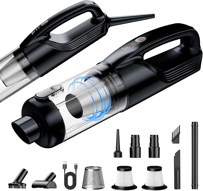 Handheld Vacuum Cordless, 17000Pa Car Vacuum Portable Cordless with Brushless Motor, 2-in-1 Vacuum Cleaner with Multi-Nozzles & Washable Filters, 2 Suction Modes for Home, Car, Office, Pet Hair