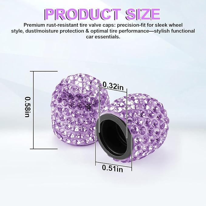 4 Pack Handmade Crystal Rhinestone Car Tire Valve Stem Caps, Car Wheel Tire Valve, Attractive Dustproof Bling Car Accessories, Universal for Cars, Trucks and Motorcycles-Purple
