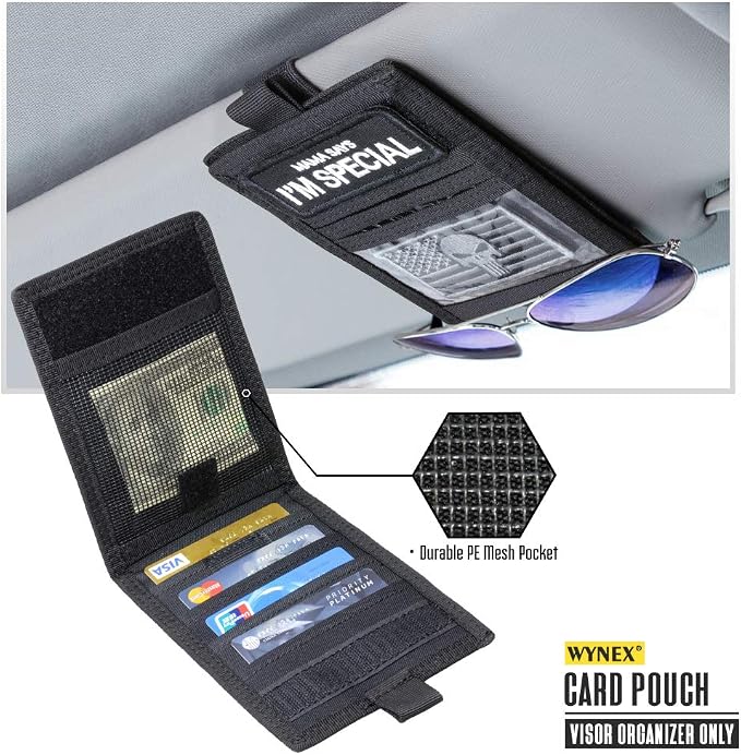 WYNEX Molle Car Visor Organizer with Detachable Card Pouch | Auto Sun Visor Storage Molle Panel with Elastic Webbing Slots for Glasses & Tactical Gear | Fit Most Vehicle, Jeeps, SUVs & Trucks