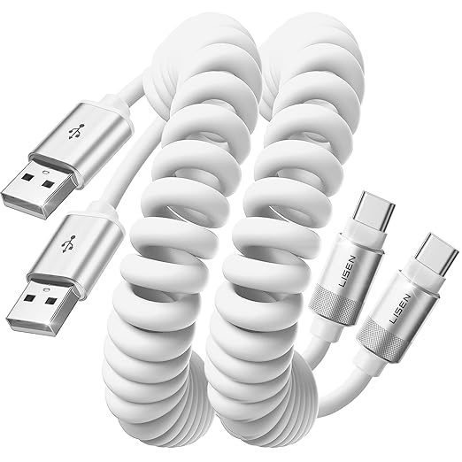 Coiled USB C Cable, 2 Pack for Android Auto & CarPlay Cable, Short USB A to USB C Cable Compatible with iPhone 17/16/15, Samsung Galaxy S25/S24/S23 A15/A14, Google Pixel 9/8, White 4FT