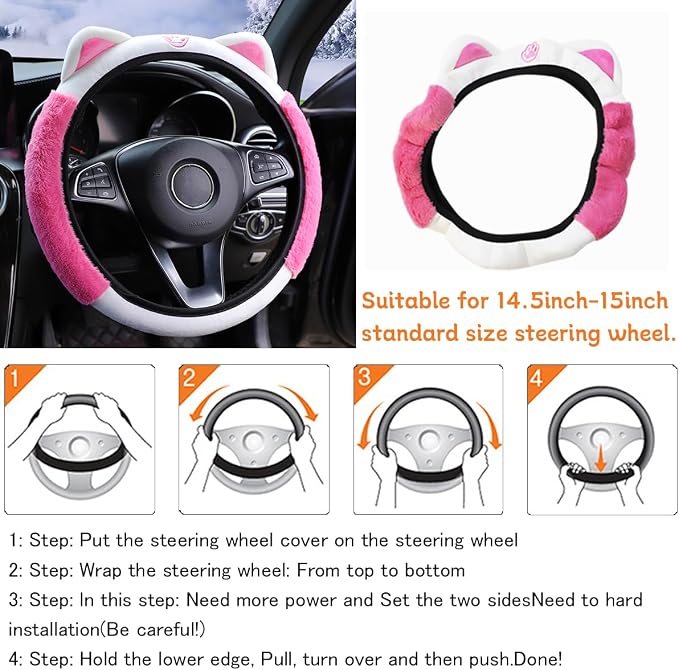 Car Steering Wheel Cover, Fluffy Soft Plush for Winter Warm, Cute Steering Wheel Protector with Kitty Cat Ears, Universal 15 Inch, Elastic & Anti-Slip, Lovely Decor Car Accessories (Rose Red)