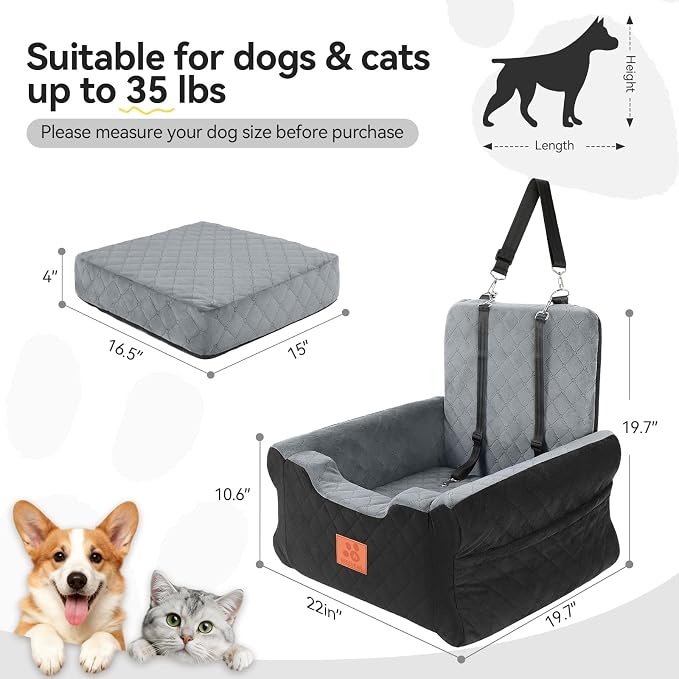 Dog Car Seats for Small/Medium Dogs, Elevated Memory Foam Dog Booster Seat, Detachable Washable Pet Car Seat with Safety Belts & Storage Pockets (Black-Gray)