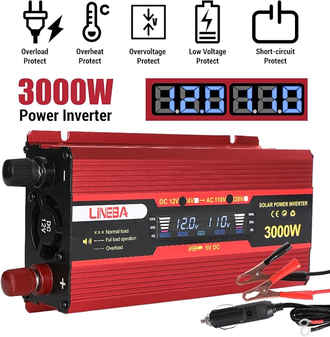 3000 Watt Power Inverter with LED Display,Dual AC Outlets,USB Port, 12V DC to 110V AC Converter Car Power Inverter for Vehicles, Car, RV, Truck, Off Grid Solar System, Outdoor Camping