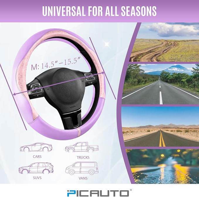 Steering Wheel Cover, Pink Patterned & Light Purple Leather Patchwork Design, Universal Fit 14.5"–15.5", Anti-Slip, Soft PU Grain Leather, Durable Grip Car Accessory for Girls & Women