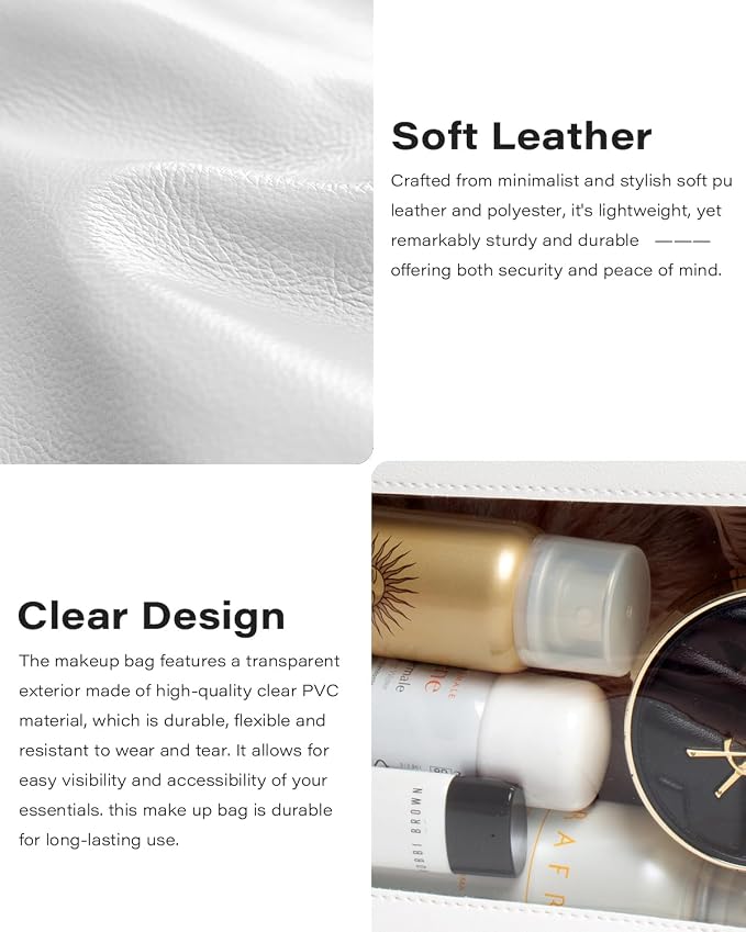 2Pack Clear Makeup Bags Set, Small Clear Makeup Bag, PU Leather Travel Makeup Brush Case Portable Transparent Waterproof Cosmetic Organizer Pouch with Zipper for Women(2Pack-White Set)