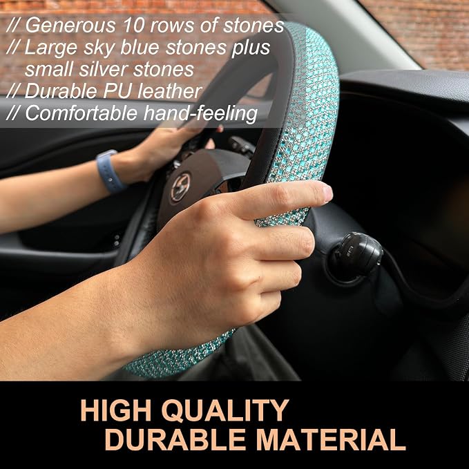 D Shaped Bling Comfy Steering Wheel Cover with Jumbo Crystal Rhinestones, Anti-Slip Diamond Leather, Flat Bottom 14.5-15 Inch (Sky Blue)
