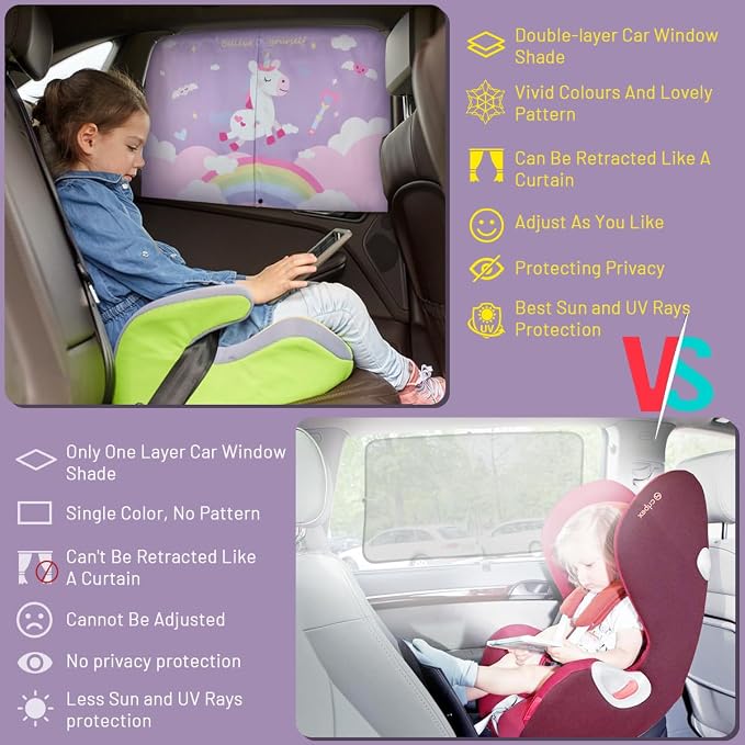 Car Window Shades, 2 PCS Magnetic Double Layer Car Sun Shade for Side Windows Privacy Full Covers/Half Shade Options Unicorn Patterns Car Window Curtains for Baby Protection
