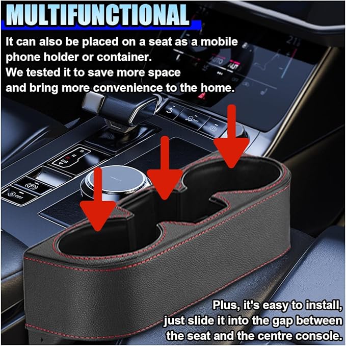 ZIMISI Car Cup Holder, Leather Front Console Gap Filler Organizer (Black) | Car Seat Gap Filler Storage Box, Multifunctional Car Cup Drink Holder, Coin Bucket, Cell Mobile Phone Holder