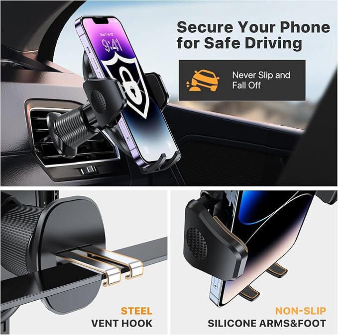 Phone Holders for Your Car with Metal Hook Clip, Air Vent Cell Phone Stand Car Mount, Universal Automobile Cradle for Garmin GPS Fit iPhone Android and All Smartphones, Carbon Fiber 2 Pack