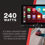 DCPA81W 8" Wireless CarPlay Android Auto Single/Double DIN | Fits single or double DIN, 8-inch touchscreen, certified wireless CarPlay, front & rear camera inputs, Bluetooth,USB charging