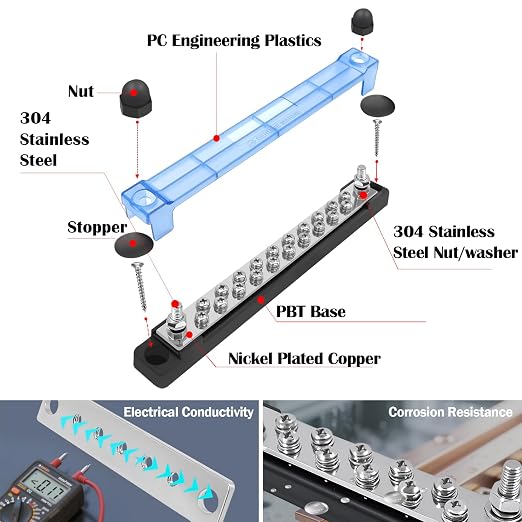 20 Power/Ground Distribution Block, Marine Bus Bar 12V Waterproof 150A Battery Terminal Junction Block for Automotive RV Solar Wiring, Boat Bus Bar Kit 2 x M6 Posts, 20 x M4 Terminal Screws