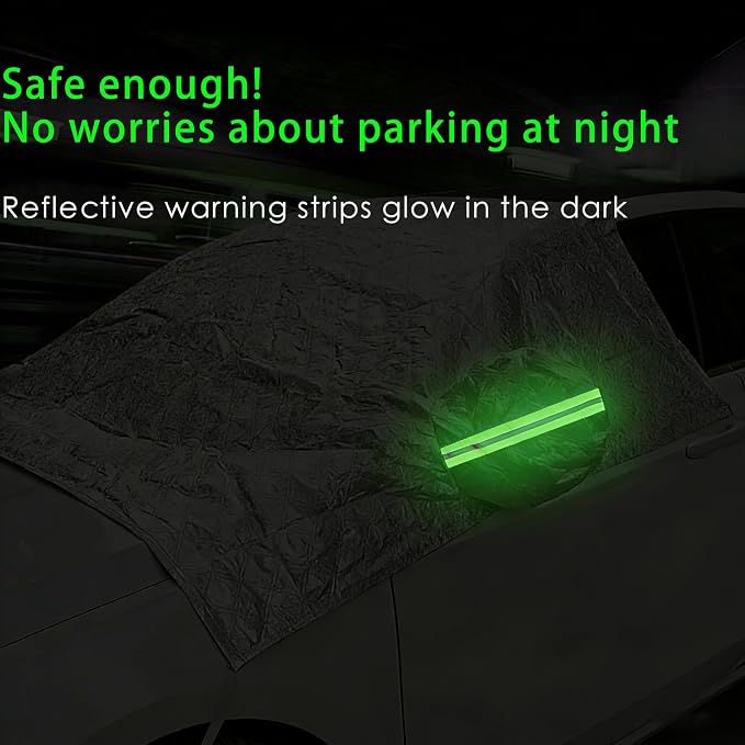 Front Windshield Snow Cover with Side Window Protection for Car and SUV, Winter Frost Ice Guard, Windproof Car Windshield Protector (Oxford Cloth Reflective Strips Green)
