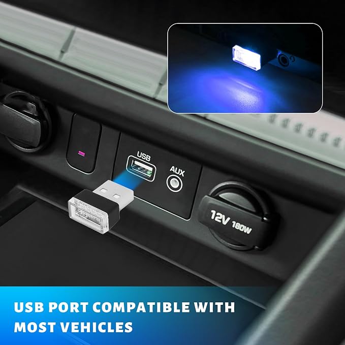 4 PCS USB LED Car Atmosphere Lamp, Mini Night LED Vehicle Trunk Ambient Lighting Kit, Portable Plug-in USB Interface Vehicle Decor Atmosphere Lamp, Interior Car Accessories (Blue)