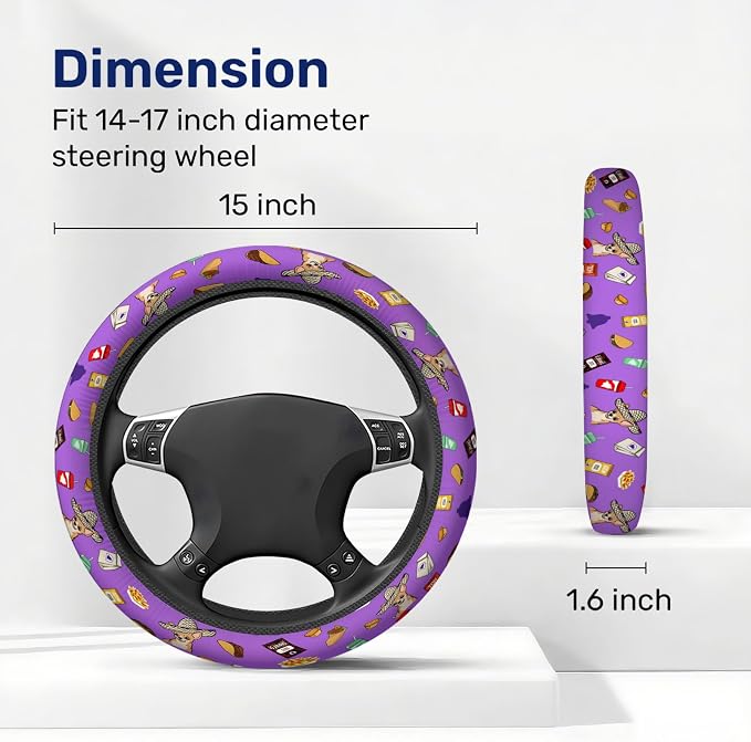 Purple Fast Food Icon Steering Wheel Cover, Polyester Car Wheel Grip, Universal 15 Inch for Cars SUVs Trucks