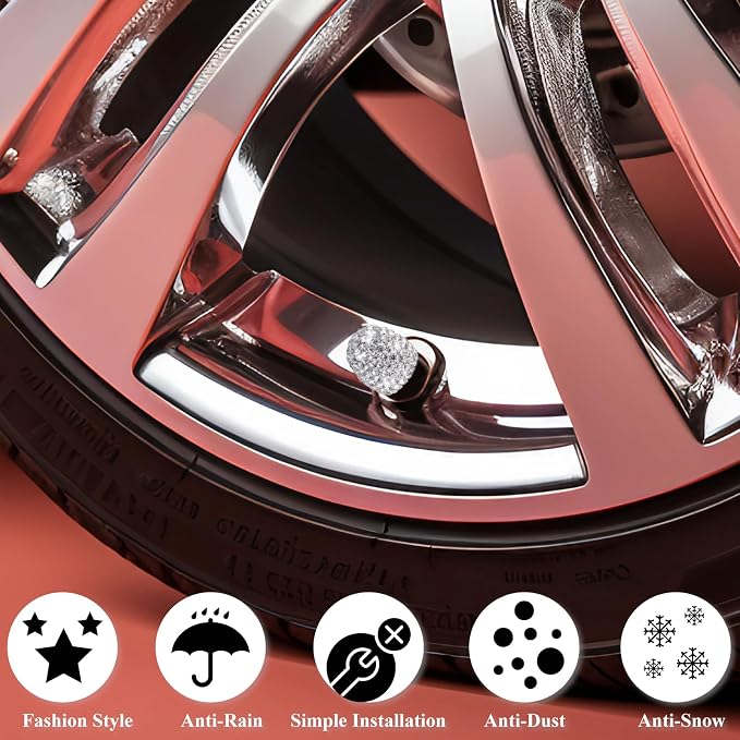 4PCS Bling Crystal Diamond Tire Stem Valve Caps, Dustproof Car Wheel Tire Valve Caps Universal Tire Valve Stem Covers for Cars, SUV, Trucks, Bikes, Motorcycles, Bicycles (White)