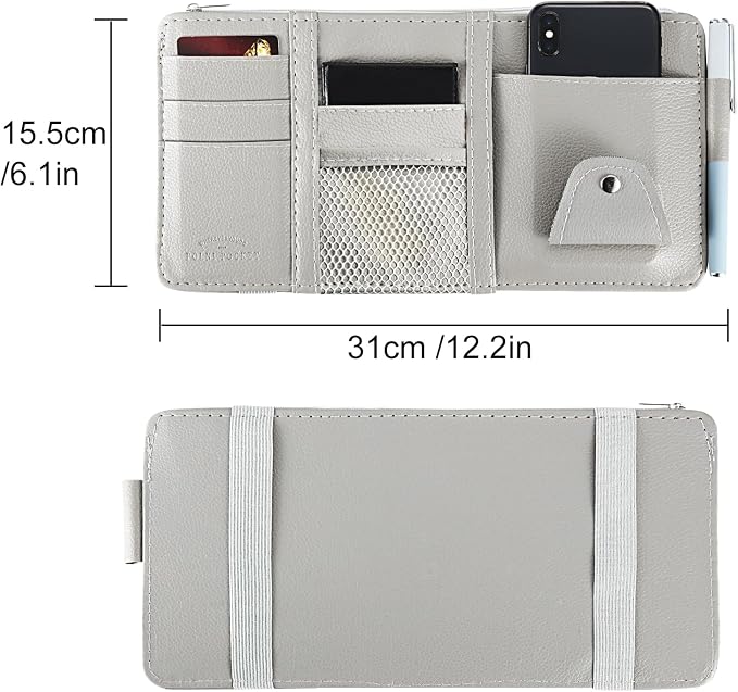 2 Packs Car Sun Visor Organizer, Sunglasses Holders for Car Sun Visor PU Auto Interior Accessories Storage Travel Document Holder with Multi Pocket (Gray, 12.2 x 6.1 Inches)