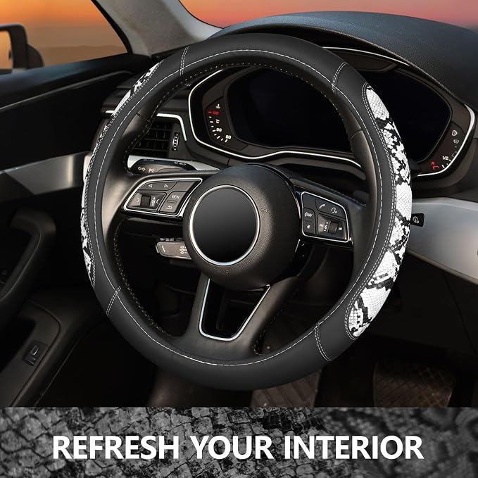 Snake Skin Leather Steering Wheel Cover,Black and White Animal Fur Car Accessory Steering Wheel Cover,Universal 14.5-15inch,Anti-Slip Car Steering Wheel Protector for Women Men