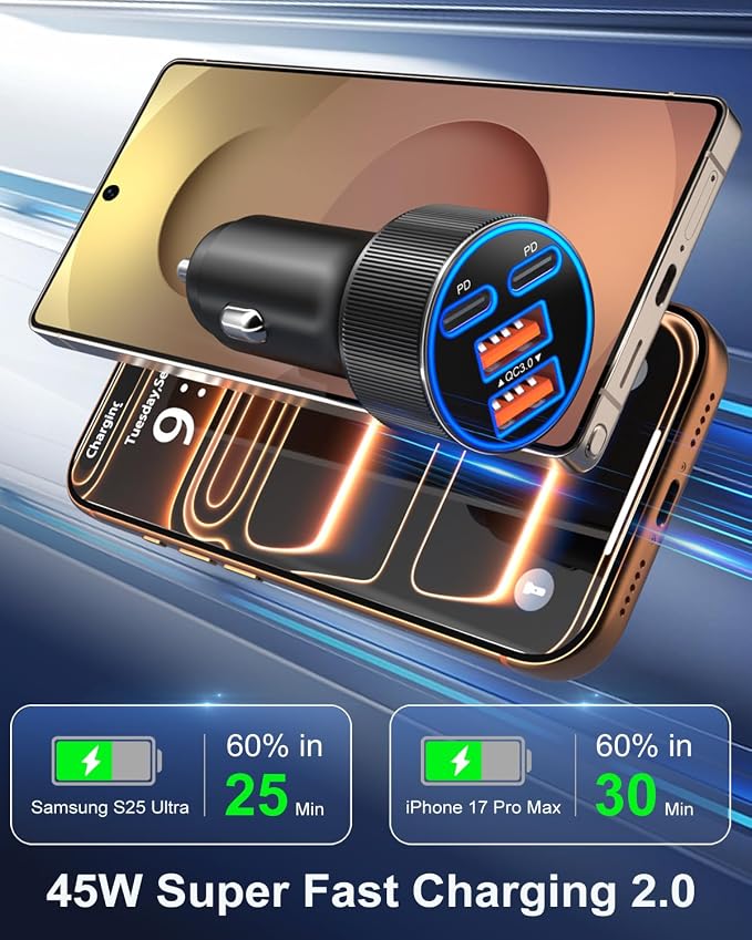 USB C Car Charger, 3 Pack 90W 4-Port Dual 45W Super Fast Car Phone Charger PD/QC 3.0 Fast Charging 12V Cigarette Lighter Adapter Plug for iPhone 17 16e 15 14 Pro Max, Galaxy S26 S25, Android