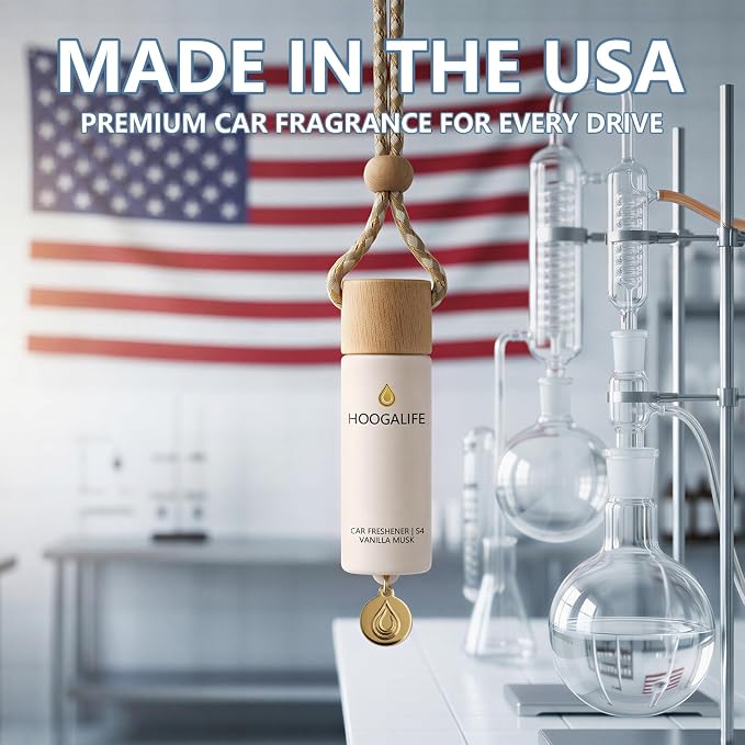 Car Air Freshener 2 Pack, Vanilla Musk Hanging Diffuser, 45+ Days Long Lasting Scent, Refillable Bottle, Odor Control for Auto Interior, Made in USA