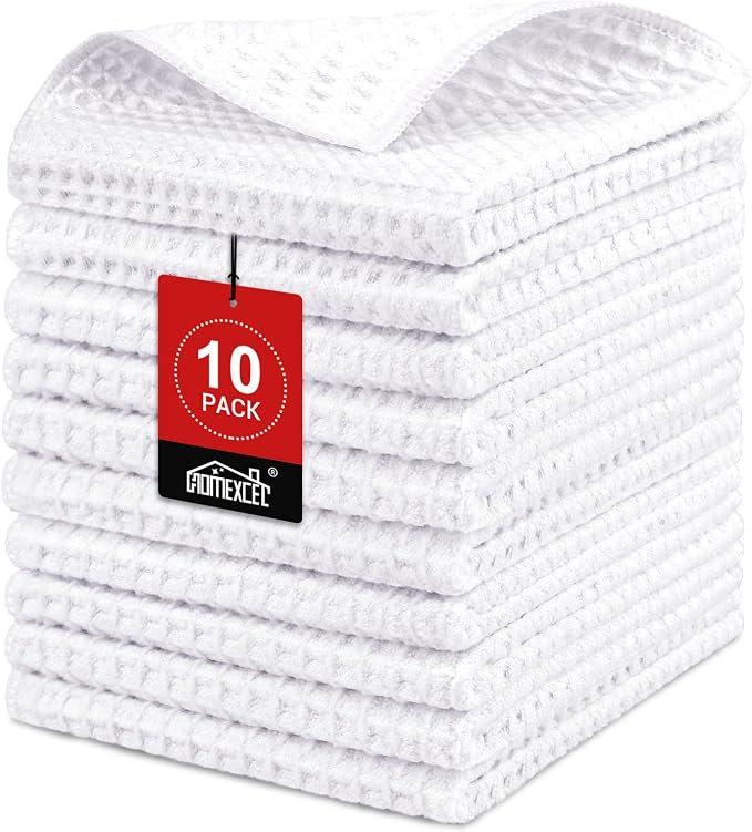 Waffle Weave Microfiber Towel, 10 Pack Lint Free Cleaning Rags, 12 x 12 Inches Barista Towels, Reusable Microfiber Cleaning Cloth for Household, Kitchen, Glass and Window, White