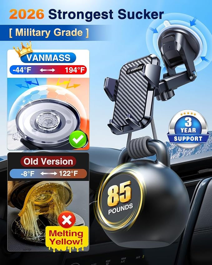 【85+LBS Strongest Suction & Military-Grade Ultimate Car Phone Mount【Patent & Safety Certs】 Cell Phone Holder for Dash Windshield Vent for iPhone 17 Pro Max Automobile Accessory Kits,Ink Black