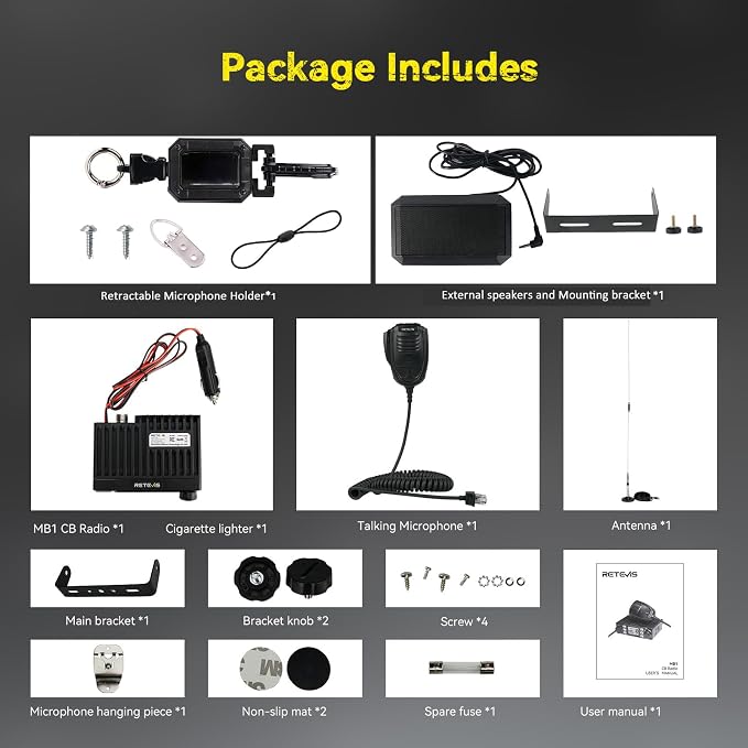 MB1 CB Radio kit, with Retractable Microphone Holder, Magnetic Antenna, External Speakers, Cigarette Lighter Plug, Long Range CB Radio for Truck