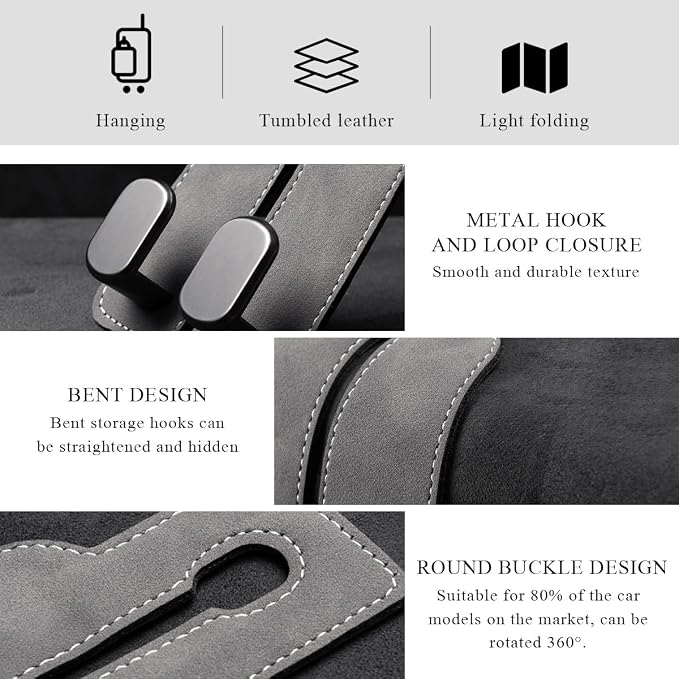 2 PCS Car Seat Headrest Hook, Back Seat Hanger with Double Flexible Leather Hooks, Soft Leather Double Headrest Metal Hooks Purse Handbag Organizer, Car Accessories (Gray)