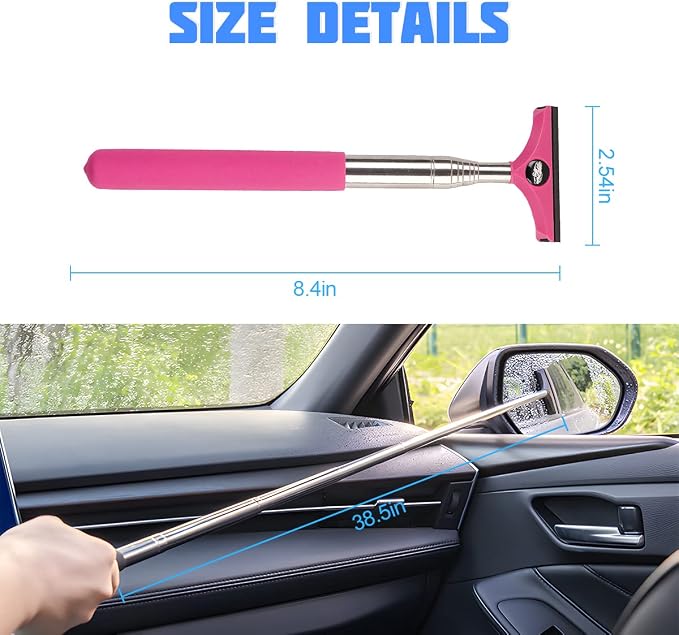 Car Rearview Mirror Wiper, American Flag Telescopic Auto Mirror Squeegee Cleaner, Glass Mist Cleaning Tool with Retractable 98cm Handle, Portable Car Windows Water Removal (Pink/Car Logo)