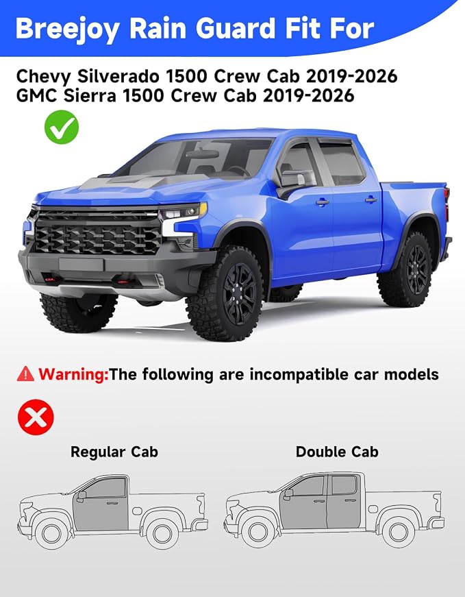 in-Channel Window Rain Guards Fit for Chevy Silverado/GMC Sierra 1500 2019-2026 Crew Cab, Extra Durable Window Visors Vent Visors Window Deflector Vent Shades Car Accessories -4 pcs