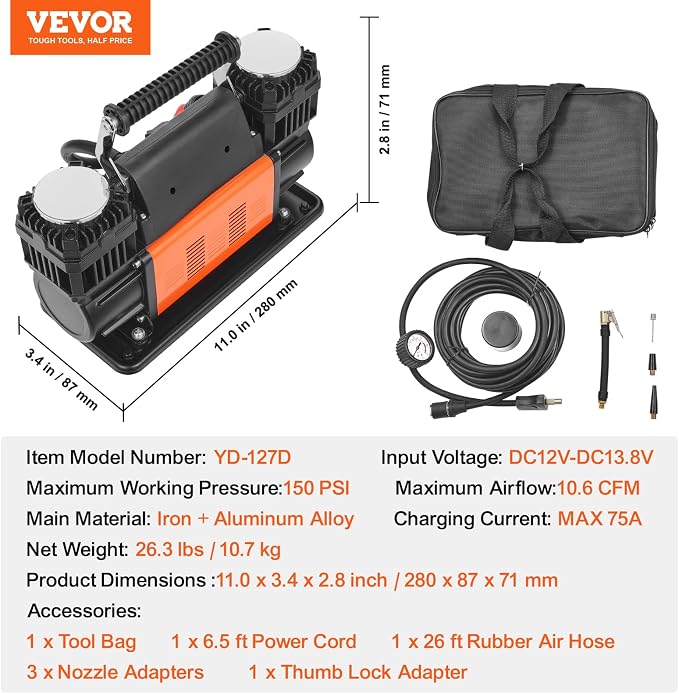 10.6 CFM Heavy Duty Air Compressor, 30s Fast Inflation | Dual-Cylinder Portable Tire Inflator, 12V 150PSI Offroad Air Pump with Adapters for Trucks Car SUV 4 x 4 Vehicle RV