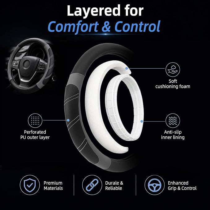 Leather Large Steering Wheel Cover 14 1/2 inch to 15 inch Universal, Soft Grip Breathable for Car Truck SUV Jeep Anti Slip Gray