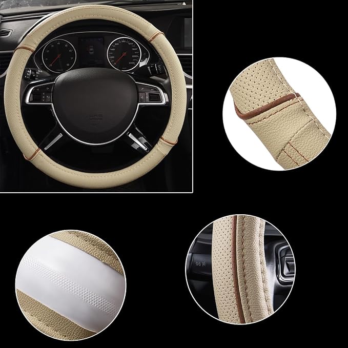 Line Rider Universal Fit Delux Leather Steering Wheel Cover, for suvs,sedans,Vans,Trucks for 14.7" to 15" (Beige)