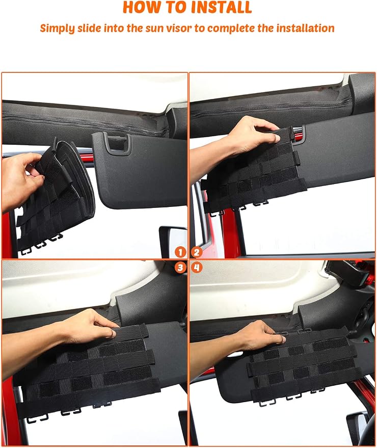 Tactical Sun Visor Organizer Front Visor Storage Cover for 2007-2023 Jeep Wrangler JK JL & Gladiator JT, Interior Storage Accessories, Black, 1 PCS