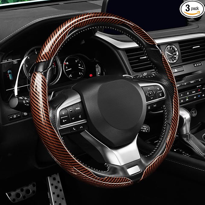3pcs Carbon Fiber Anti-Skid Steering Wheel Cover, Waterproof Design, Universal Fit for 14-16 Inch Car Wheel Cover, Interior Car Accessories for Jeeps, SUVs, Trucks (Glossy Brown)