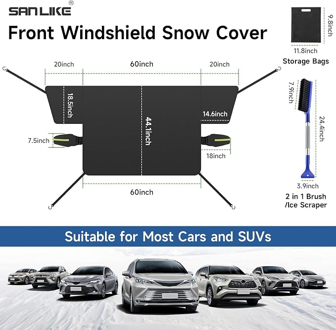 Car Windshield Snow Cover with Side Mirror Cover & 2 in 1 Brush | Thickened 4 Layers, Cold Protection, Ice Scraper, For Most Cars SUVs Trucks