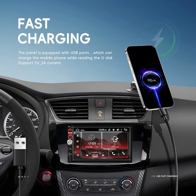 7 inch Touch Screen Double Din Car Stereo with Wired Mirror Link Bluetooth FM EQ Steering Wheel Control 7 Color Light