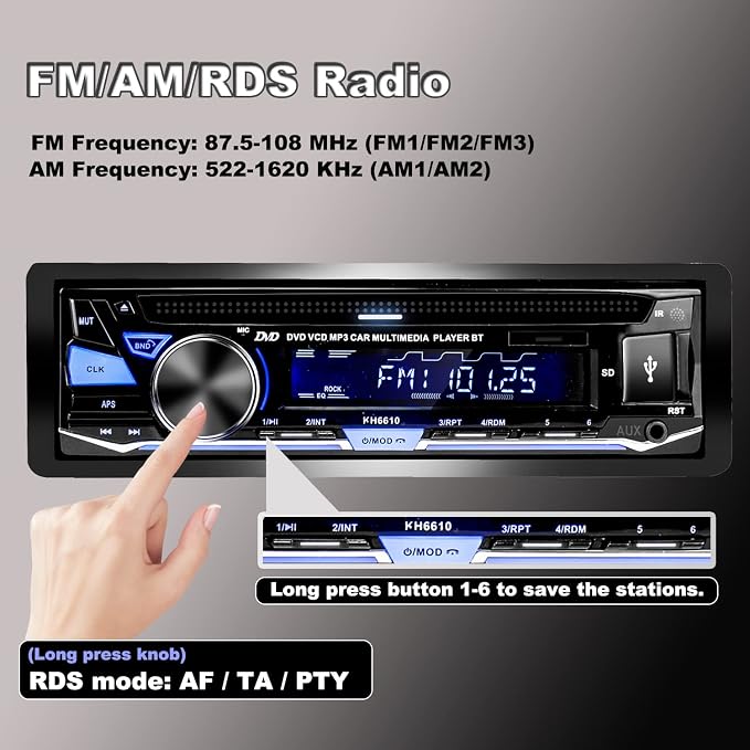 Single Din Car Stereo with CD/DVD Player | Bluetooth | FM/AM/RDS Radio | USB SD AUX Audio Receiver