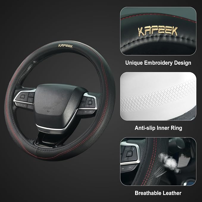 15 inch Steering Wheel Cover, Breathable Perforated Microfiber Leather, Sporty Diamond Texture, Anti-Slip Red Stitching Car Steering Wheel Protector, Universal Fit for Cars SUVs Trucks, Black