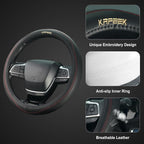 15 inch Steering Wheel Cover, Breathable Perforated Microfiber Leather, Sporty Diamond Texture, Anti-Slip Red Stitching Car Steering Wheel Protector, Universal Fit for Cars SUVs Trucks, Black