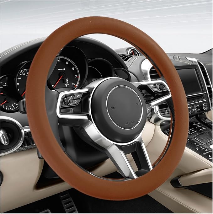 Car Steering Wheel Cover, 13 to 14.17 inches Anti-Slip Silicone Steering Wheel Protector, Soft Flexible Shock-Absorbent Steering Wheel Protective Cover for Most Car Models (Brown)