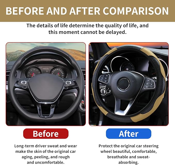 Car Steering Wheel Cover 15 inch, Microfiber PU Leather Elastic Steering Wheel Protector, Anti-Slip Breathable Car Interior Accessories for Most Cars (Beige)