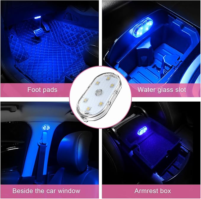 4 PCS Wireless Led Lights for Car Interior, 7 Colors Magnetic Auto Ambient Light with 6 Bright LED Lamp Beads, USB Rechargeable Vehicle Led Night Light, Car Accessories (Blue)