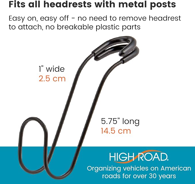 Metal Car Hooks for Purses and Bags - Large Hooks Won't Slip Off or Rattle | 2-pack Car Headrest Hooks Fit All Sized Metal Posts - Secure Attachment Holds Multiple Bags, Wide Straps and Hard Hats