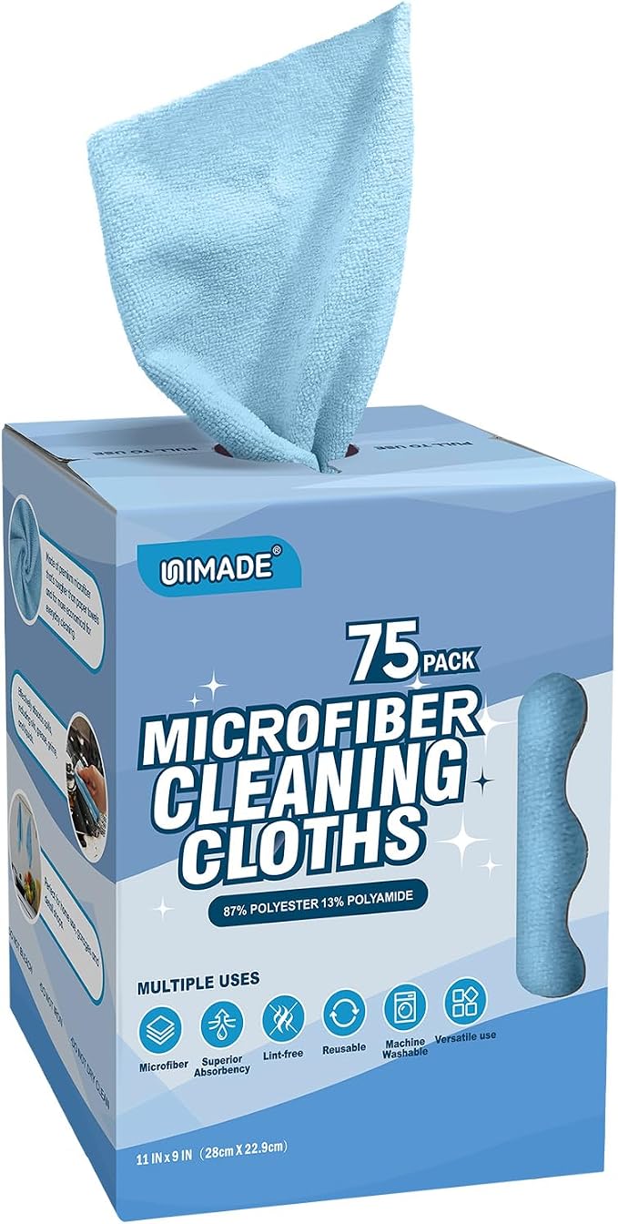 Microfiber Cleaning Cloth, 75 Sheets Microfiber Towels for Cars Commercial Grade Washcloths Lint-Free Bulk Shop Towel Cleaning Rags for Household Restaurant Garage Housekeeping, 11"x 9", Blue