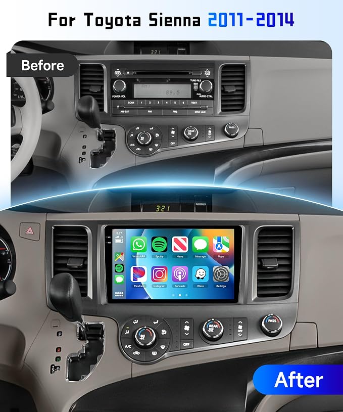 4G+128G Car Radio Stereo for Toyota Sienna 2011-2014, 9inch HD in-Cell Touch Screen/5Ghz WiFi/Android 15/Wireless CarPlay/Android Auto/GPS/5.0Bluetooth/FM/RDS/SWC/AHD Backup Camera