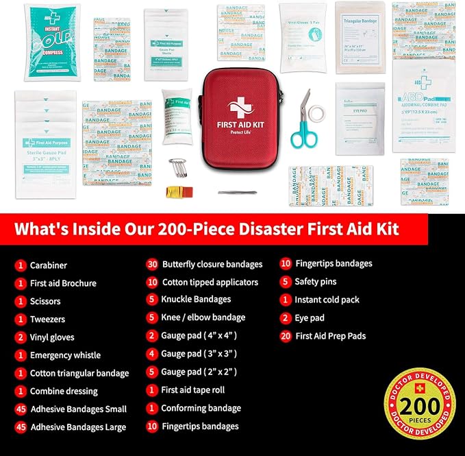 Survival First Aid Kit for Home/Business, Camping Survival Kits | Mini Travel First Aid Kit | Camping Equipment | Small Kits for Car | Outdoor Emergency Survivals Pack - 200pcs